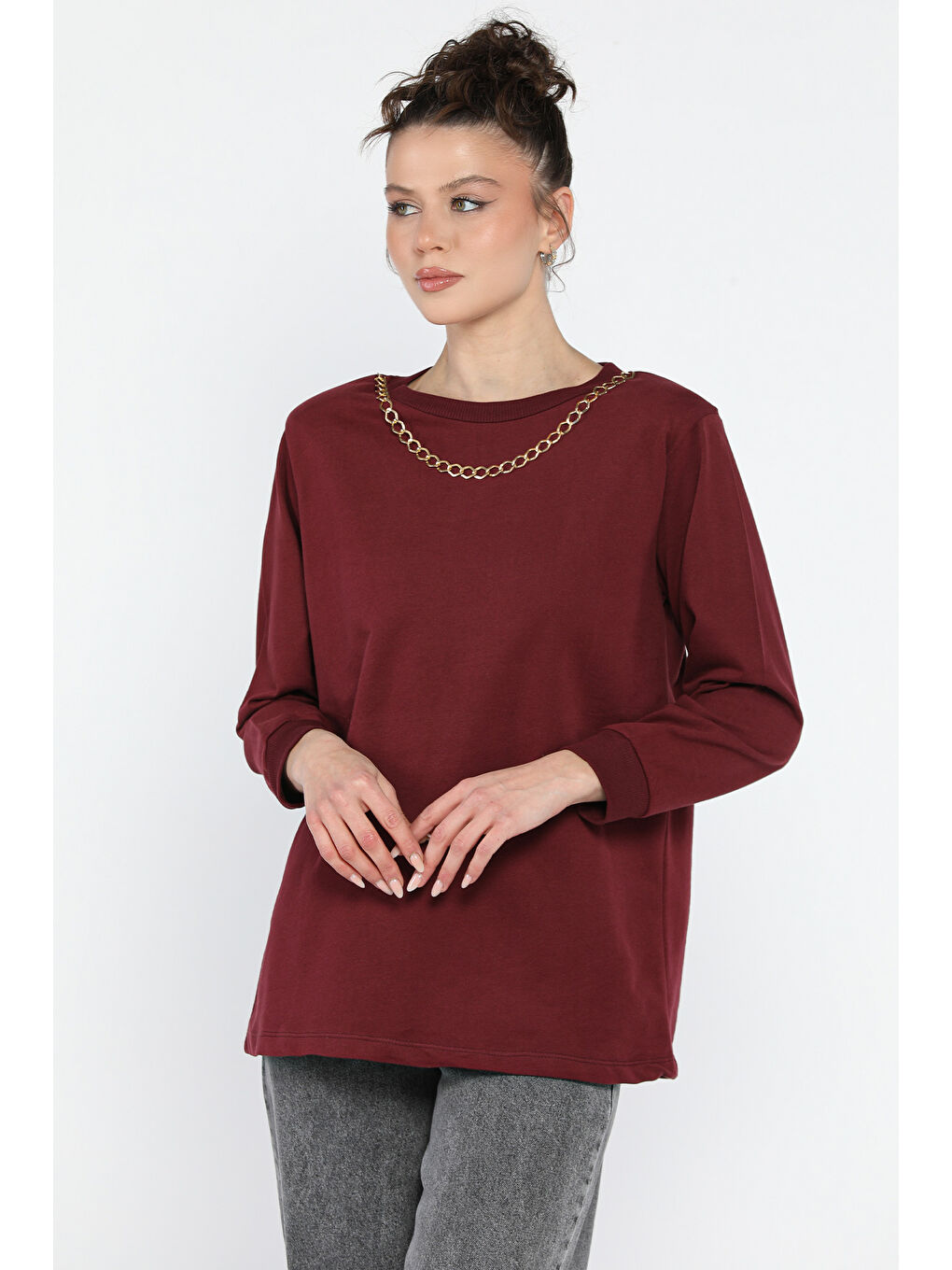 Bordo Kadın Bisiklet Yaka Aksesuar Detaylı Bluz-1