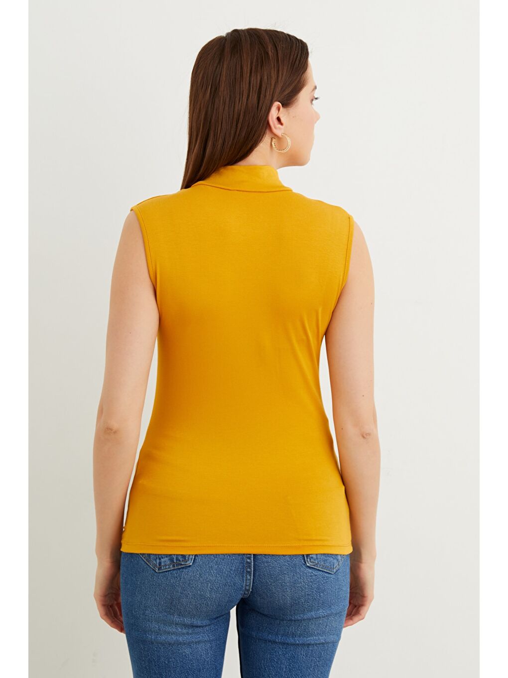 Sarı Kadın Hardal Kolsuz Bluz-2