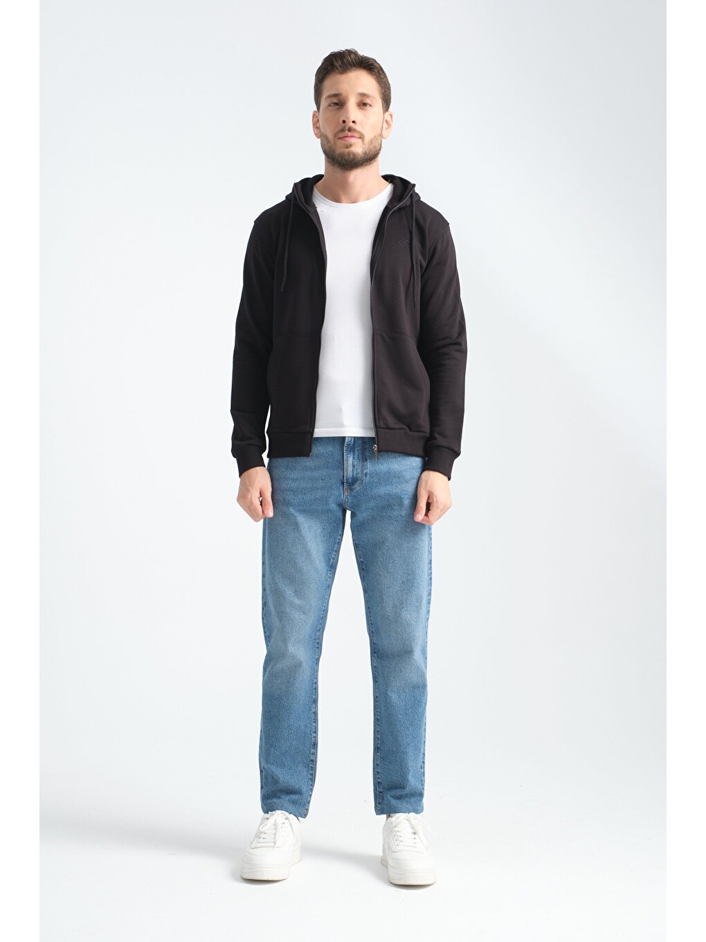 Siyah Erkek Üç İplik Şardonsuz Fermuarlı Kapüşonlu Sweatshirt-2