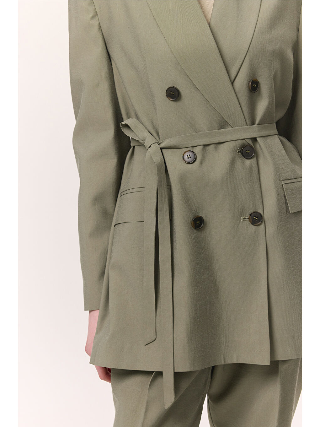 Yeşil Lyocell Kemerli Kruvaze Blazer Ceket Çağla-5