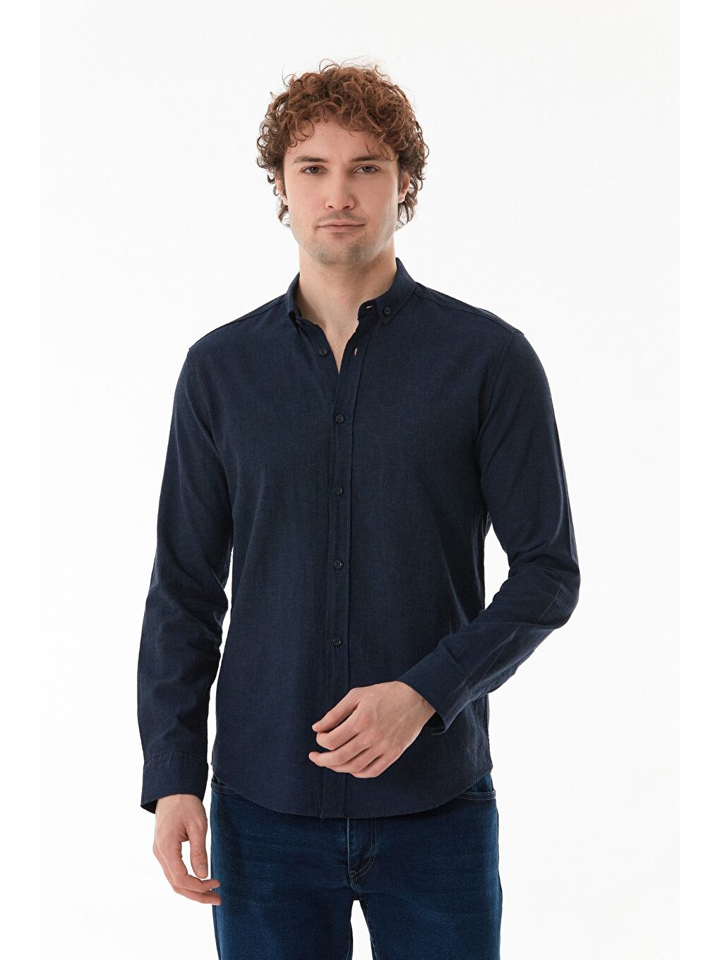 Lacivert Basic Düğmeli Keten Gömlek