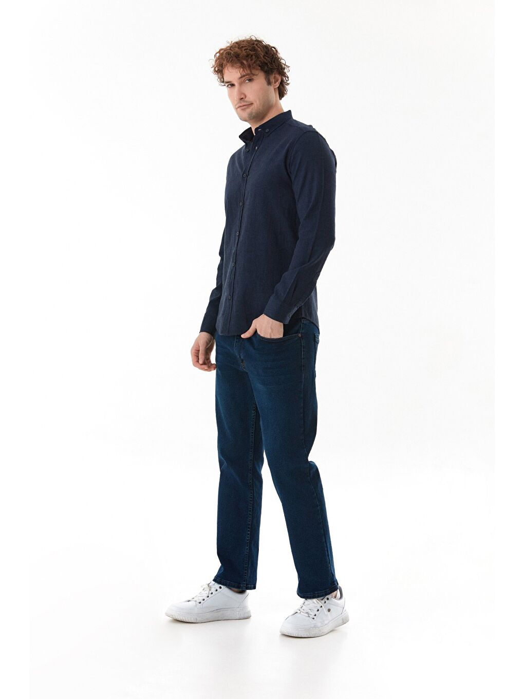 Lacivert Basic Düğmeli Keten Gömlek-1