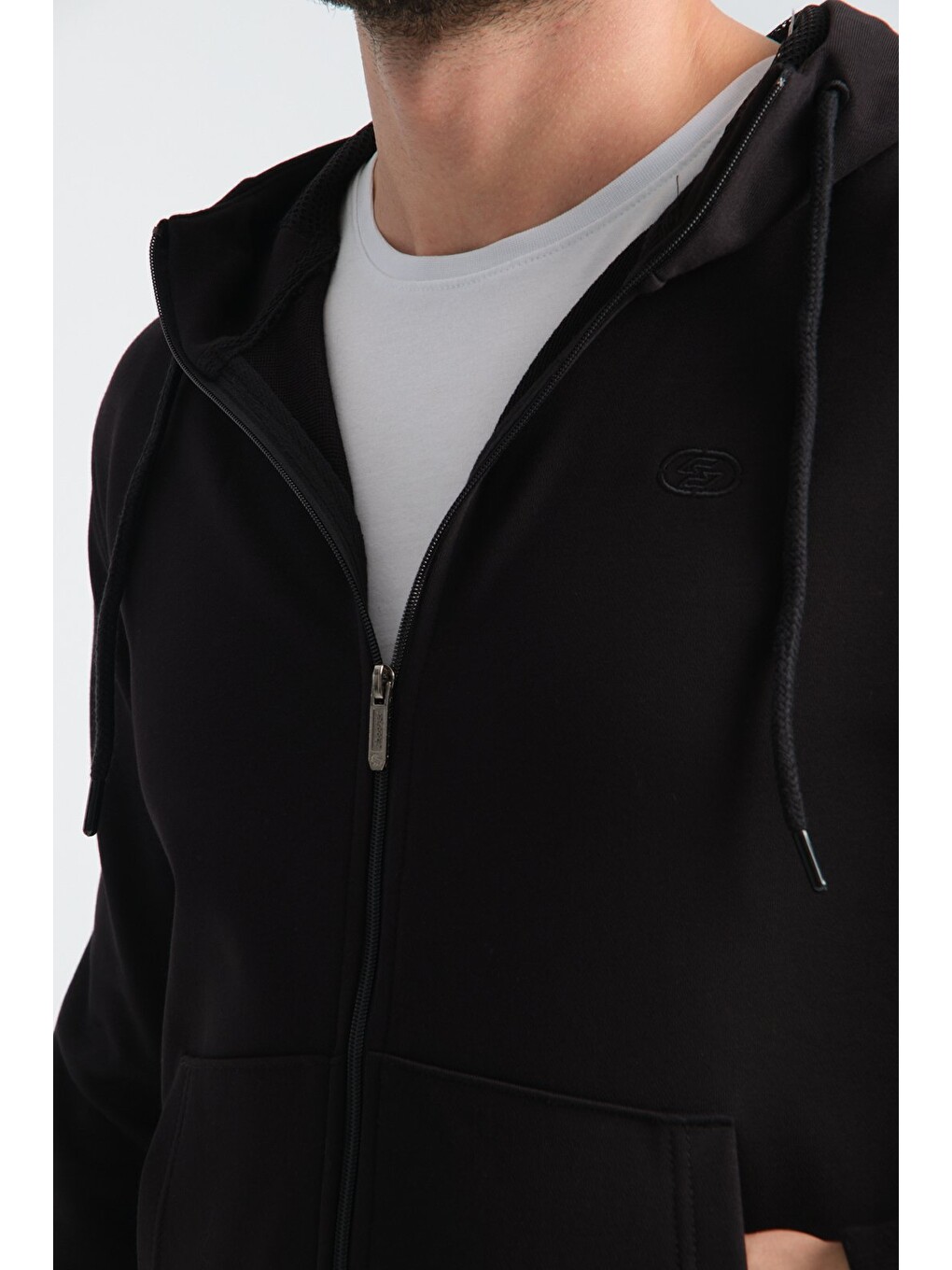 Siyah Erkek Üç İplik Şardonsuz Fermuarlı Kapüşonlu Sweatshirt-3