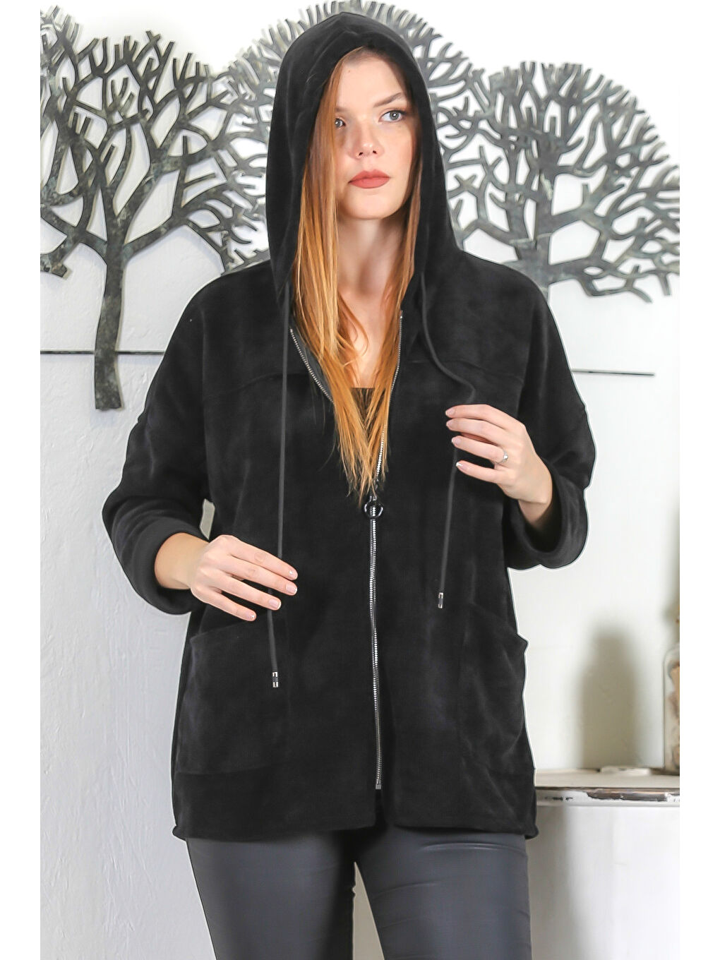 İtalyan Siyah Kapüşonlu Uzun Kol Fermuarlı Çift Cepli Casual Kadife Örme Kapüşonlu Ceket-5