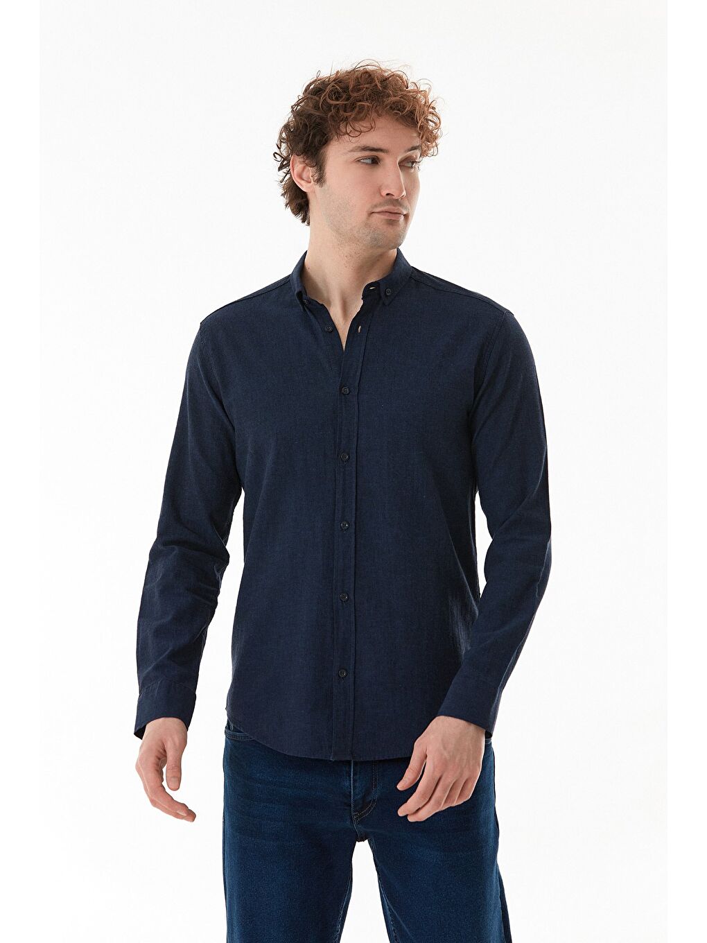 Lacivert Basic Düğmeli Keten Gömlek-2