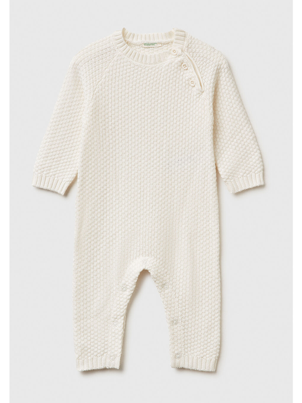 Bebek Ekru Omzu Düğmeli Bisiklet Yaka Uzun Kollu Örme Tulum