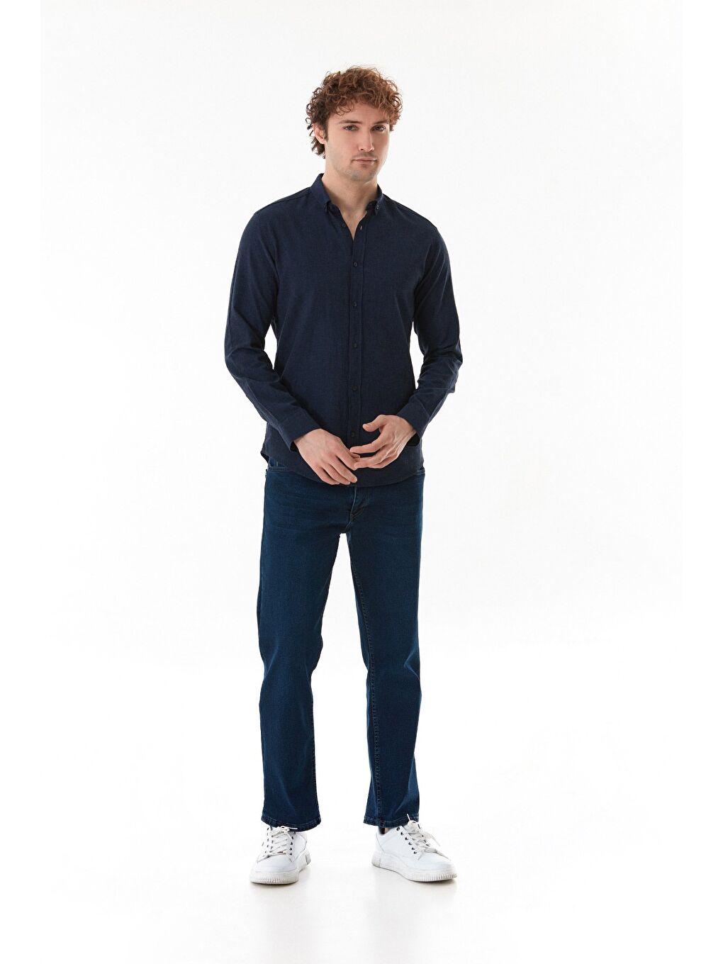 Lacivert Basic Düğmeli Keten Gömlek-3