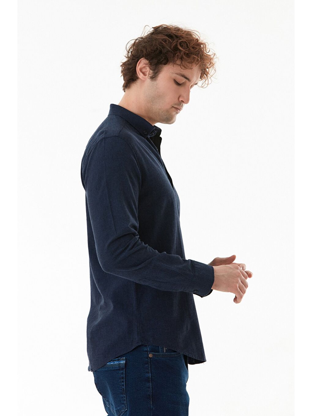 Lacivert Basic Düğmeli Keten Gömlek-4