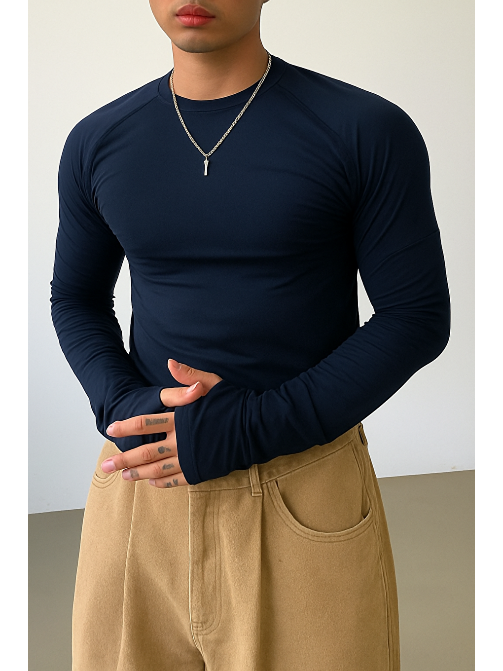 Erkek Lacivert Uzun Kollu Basic T-shirt