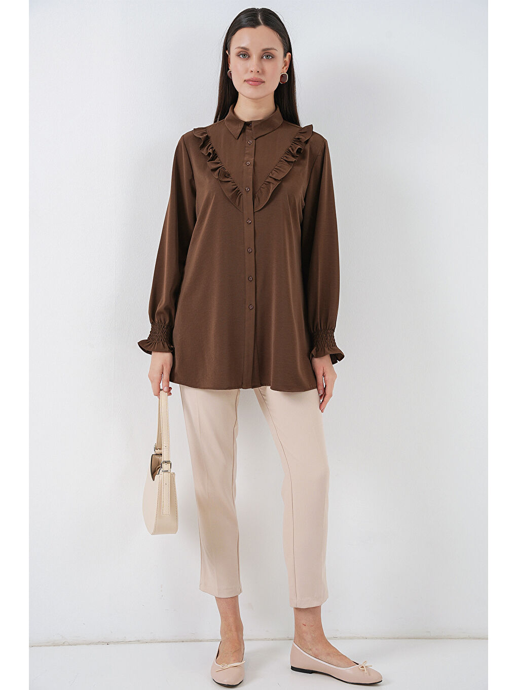 Kadın Fırfırlı Uzun Gömlek Tunik 5986 - Kahverengi-1
