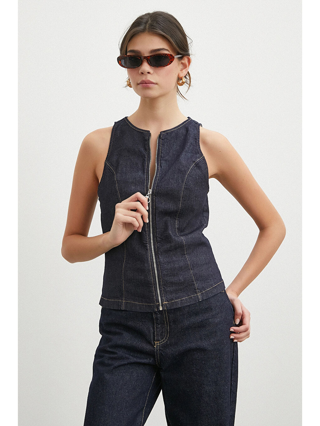 Fermuarlı Jean Yelek Lacivert