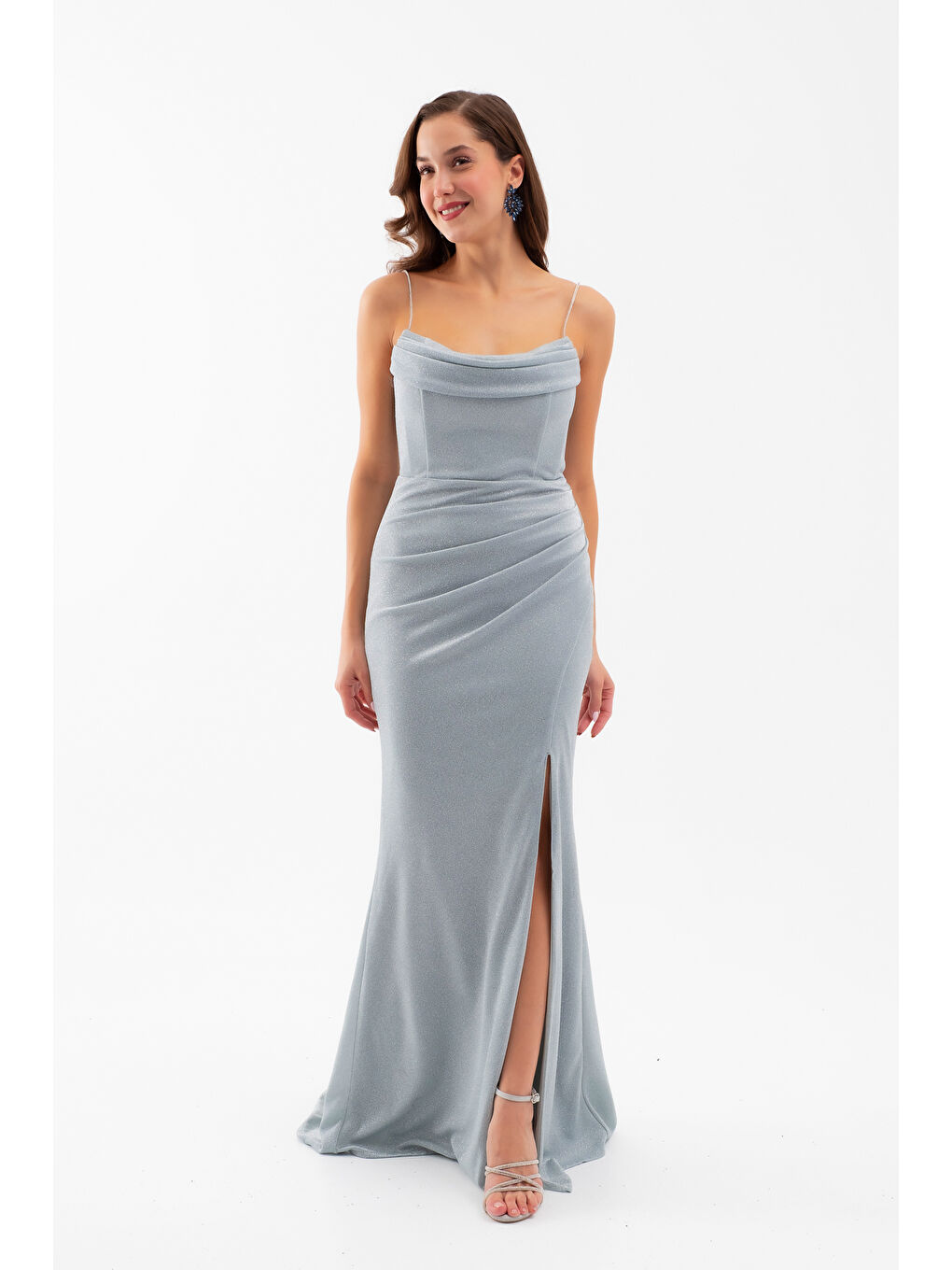 Kadın Mint Yeşili Askılı Simli Örme Abiye Elbise