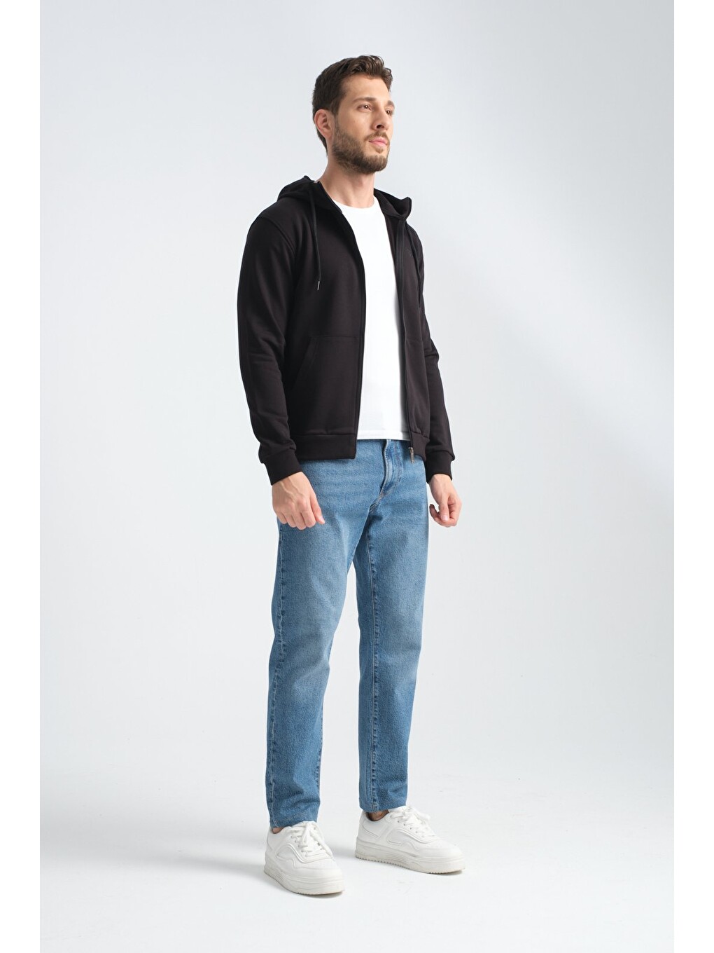 Siyah Erkek Üç İplik Şardonsuz Fermuarlı Kapüşonlu Sweatshirt-5