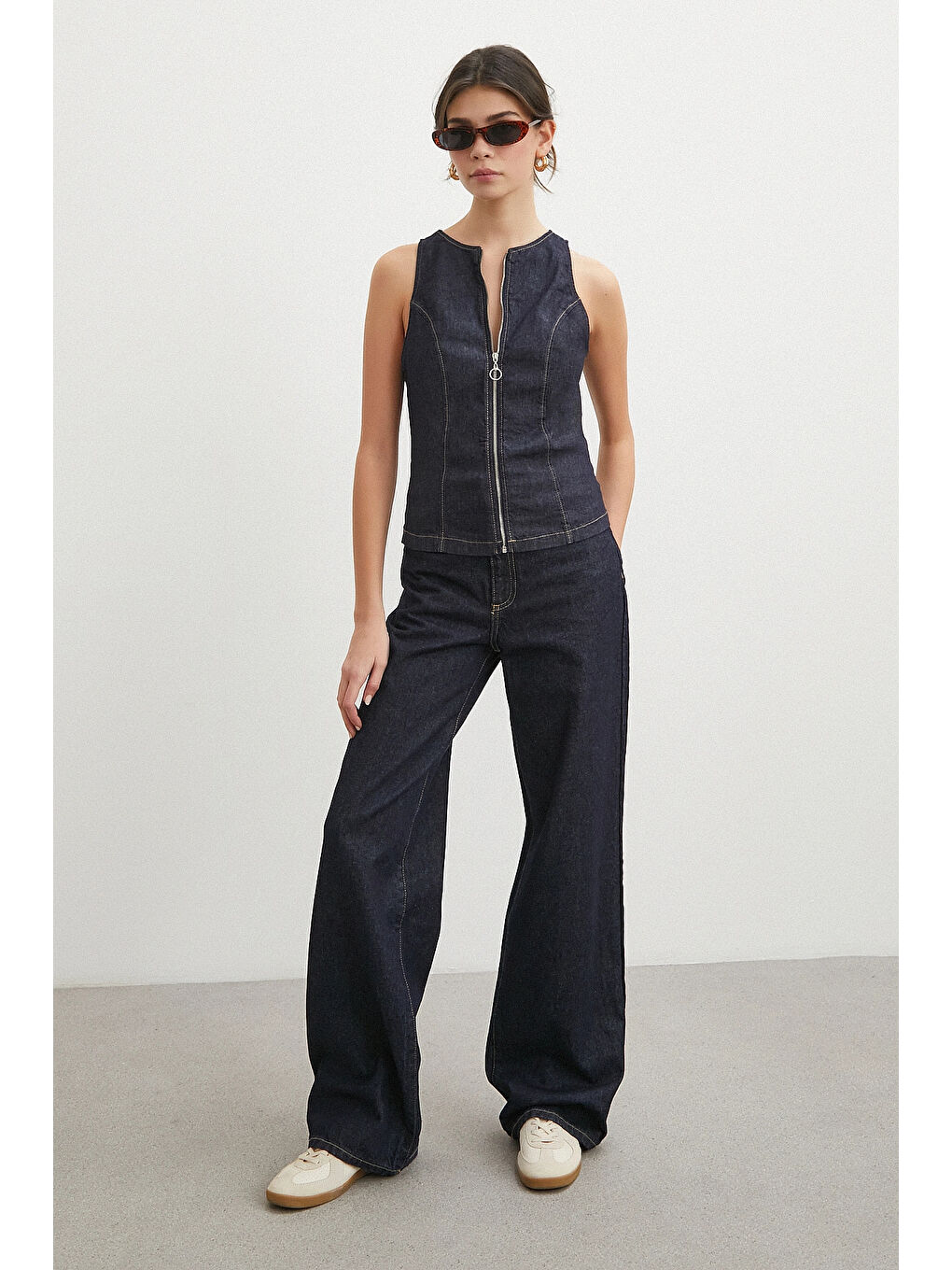 Fermuarlı Jean Yelek Lacivert-1