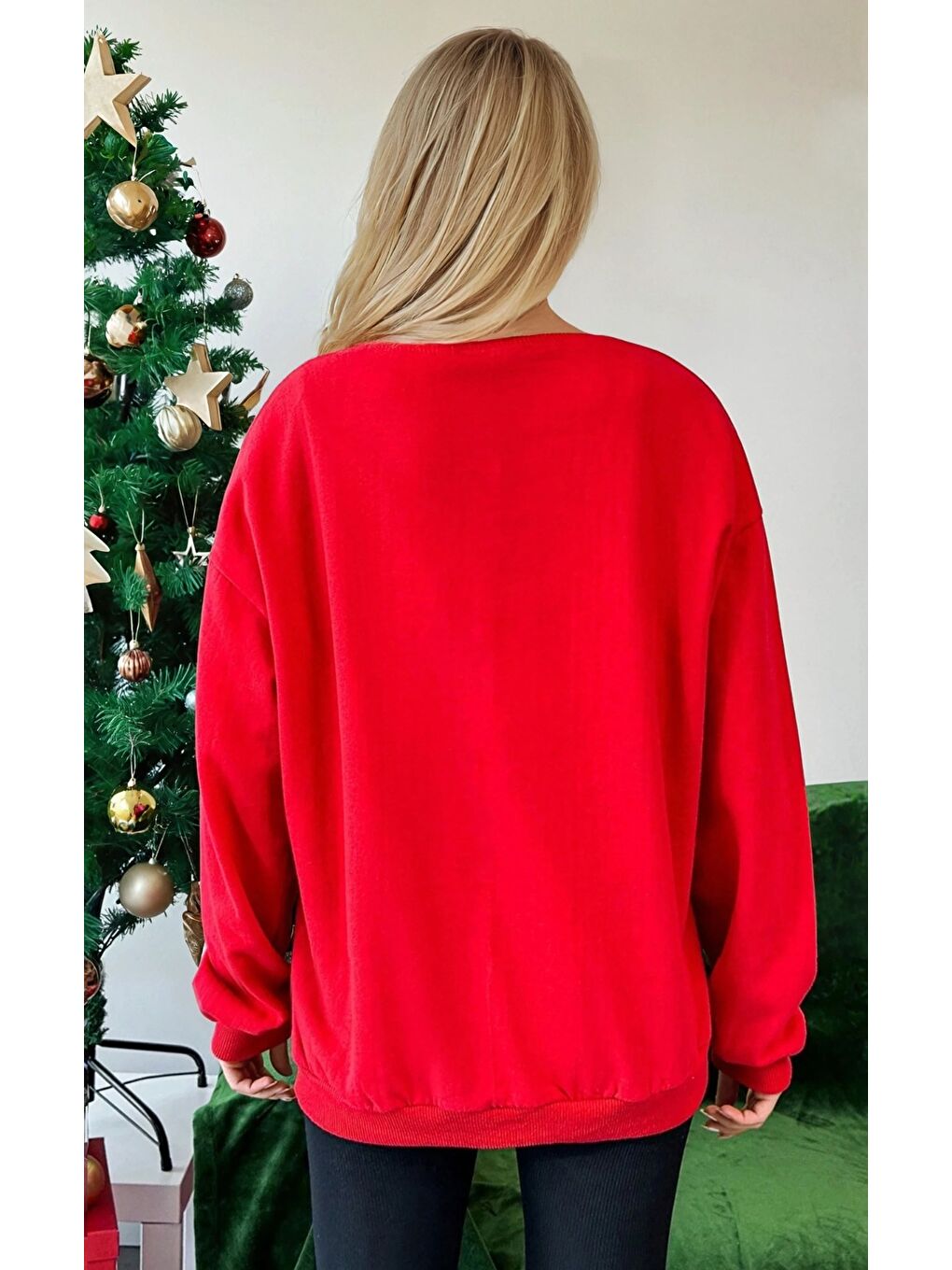 Penguen Baskılı Üç İplik Kırmızı Yılbaşı Sweatshirt-1