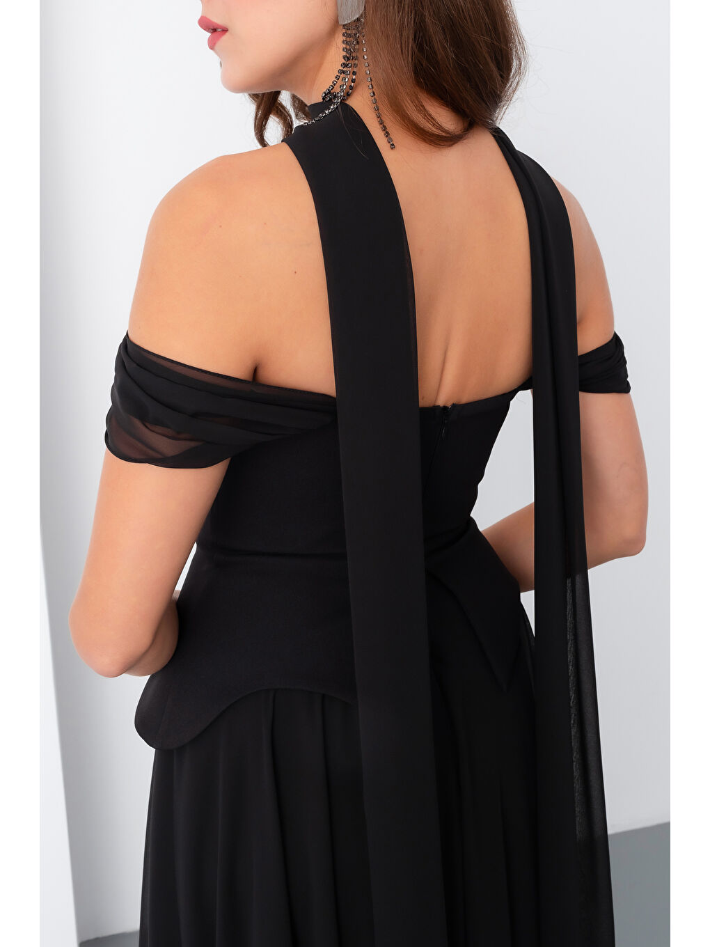 Kadın Siyah Şal Yaka Straplez Söz Nişan Abiye Elbise-4