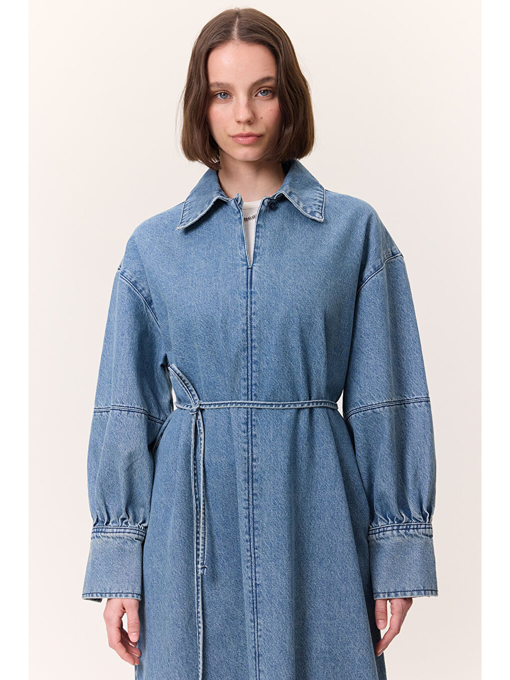 Manşet Detaylı Denım Elbise Açık Mavi-1