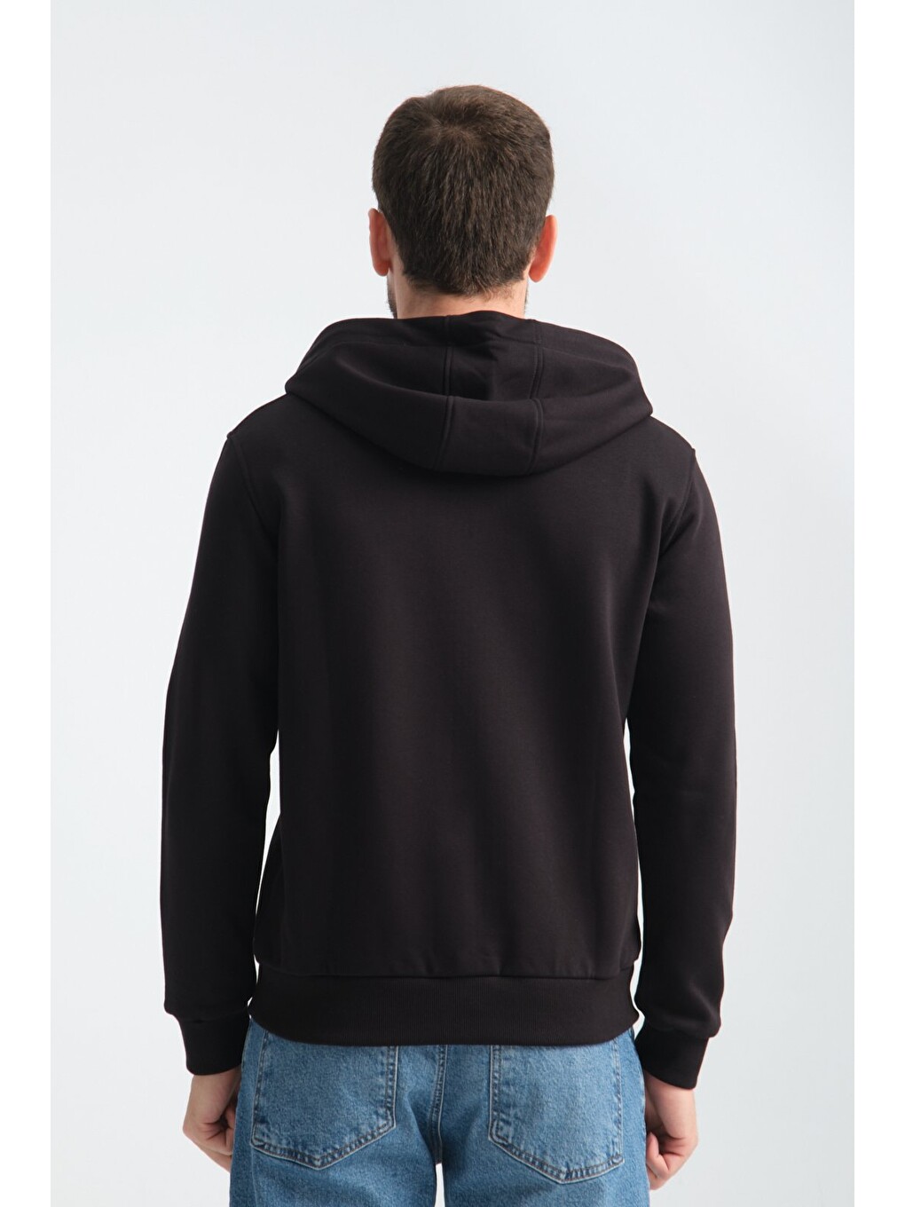 Siyah Erkek Üç İplik Şardonsuz Fermuarlı Kapüşonlu Sweatshirt-6