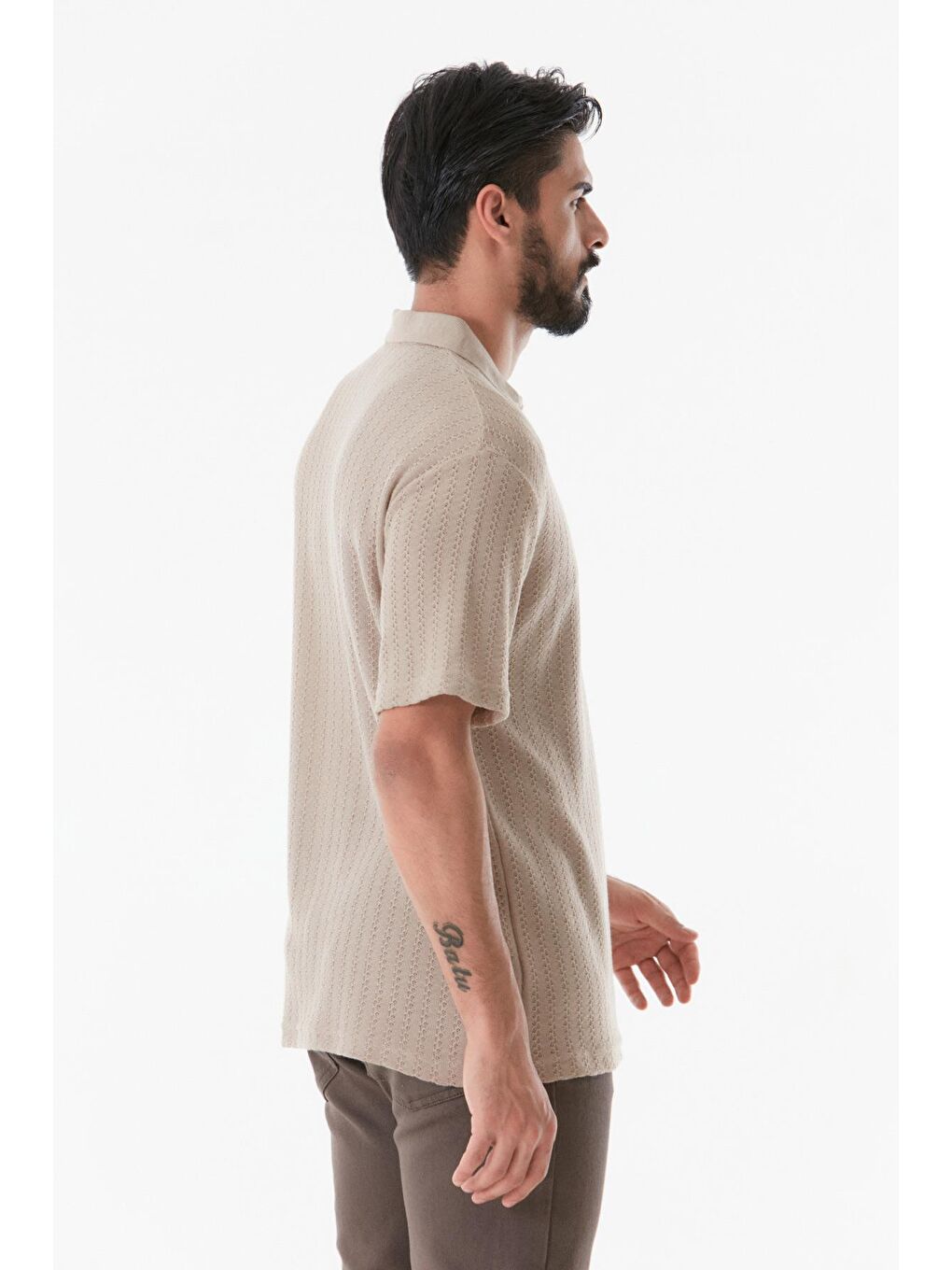 Bej Nakışlı Polo Yaka Erkek Tişört-3