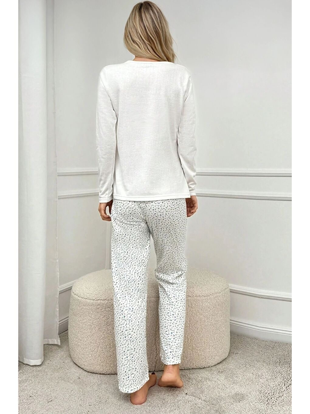 Beyaz Be Mine Baskılı Çiçek Desenli Kadın Pijama Takımı-2