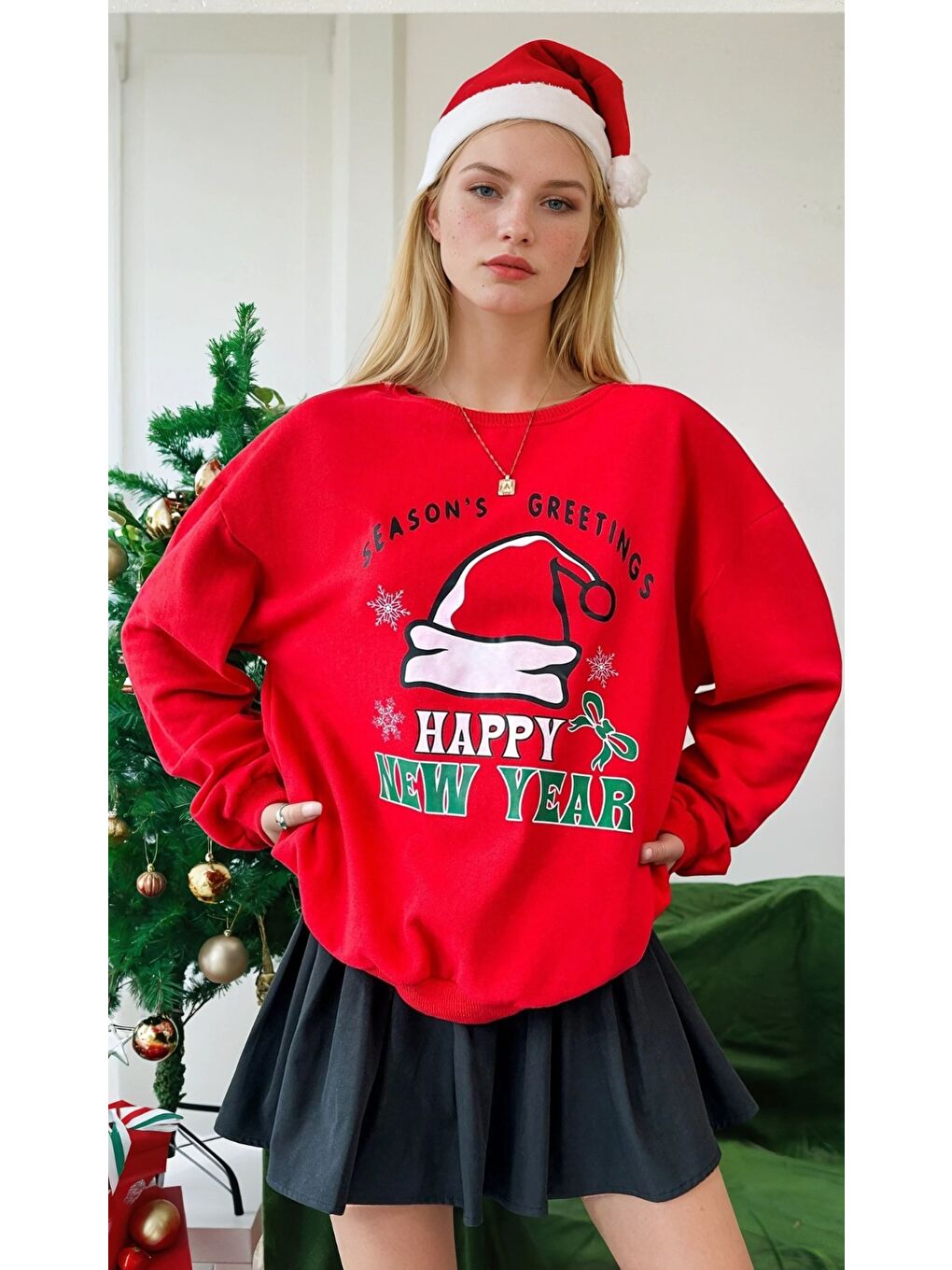 Happy New Year Baskılı Kırmızı Üç İplik Yılbaşı Sweatshirt