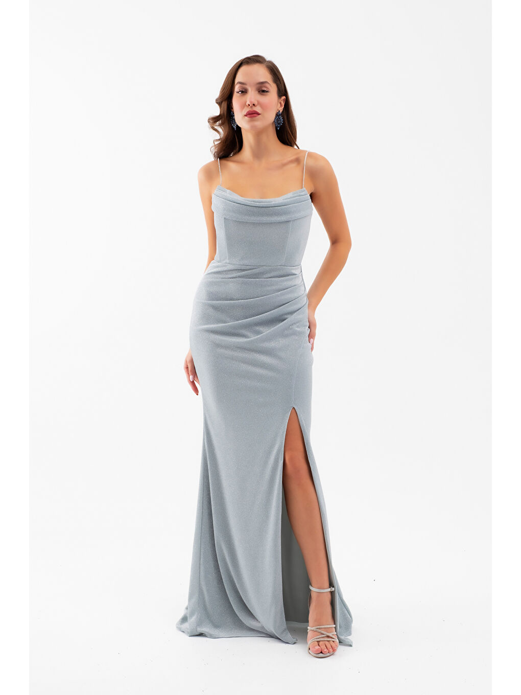 Kadın Mint Yeşili Askılı Simli Örme Abiye Elbise-1