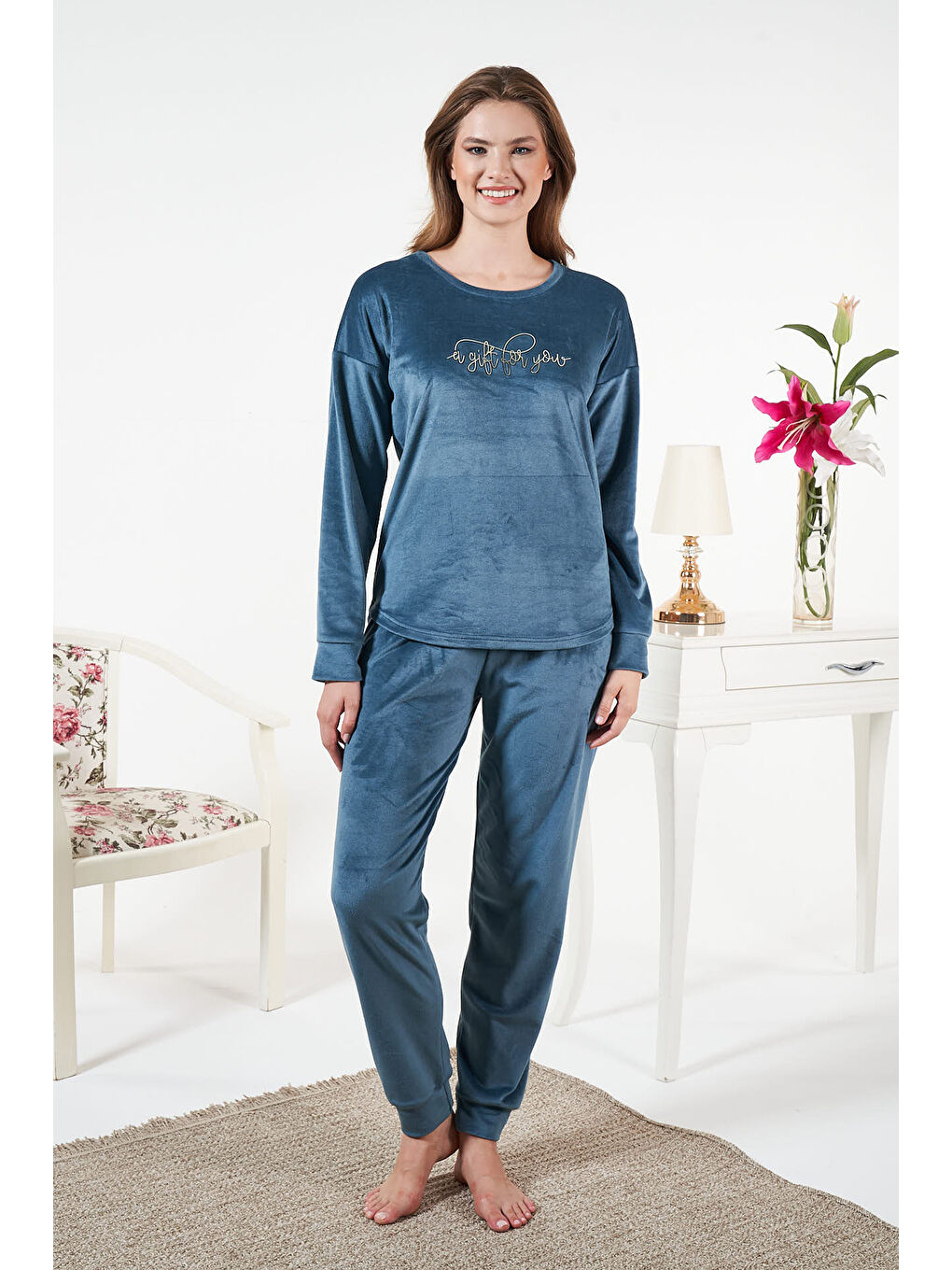 Kadın Kadife Baskılı Pijama Takımı 25380 Petrol-1