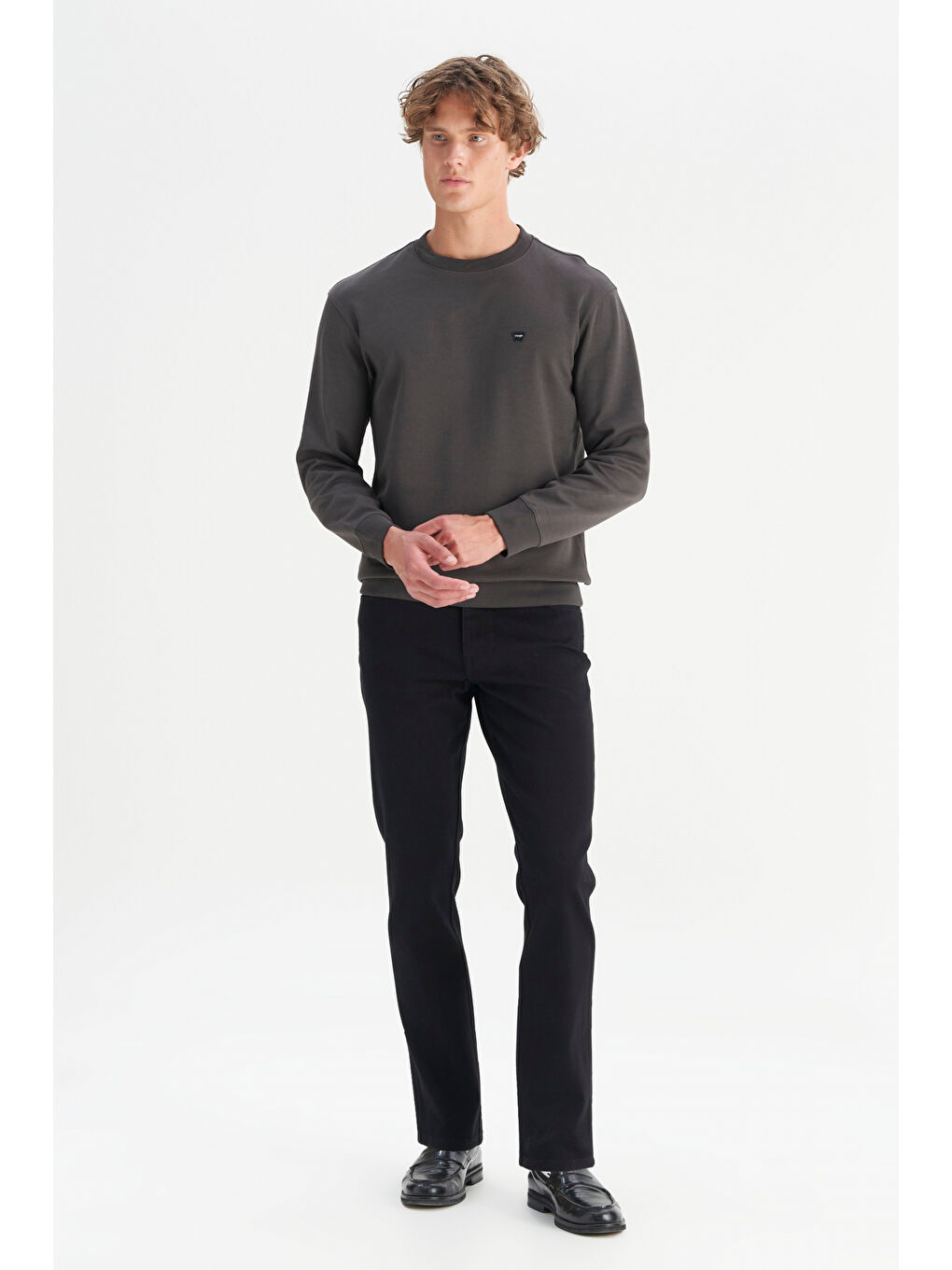 Antrasit Pamuklu Regular Fit Normal Kesim Bisiklet Yaka Logo Detaylı Sweatshirt-1