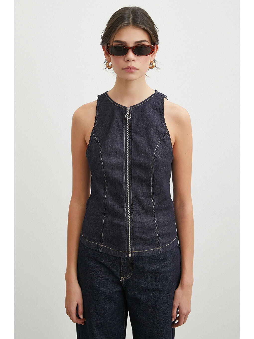 Fermuarlı Jean Yelek Lacivert-3