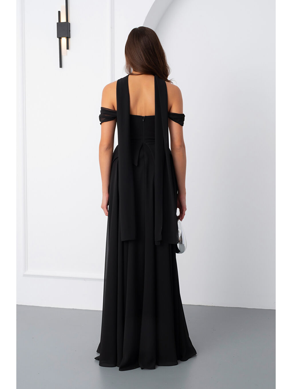 Kadın Siyah Şal Yaka Straplez Söz Nişan Abiye Elbise-5