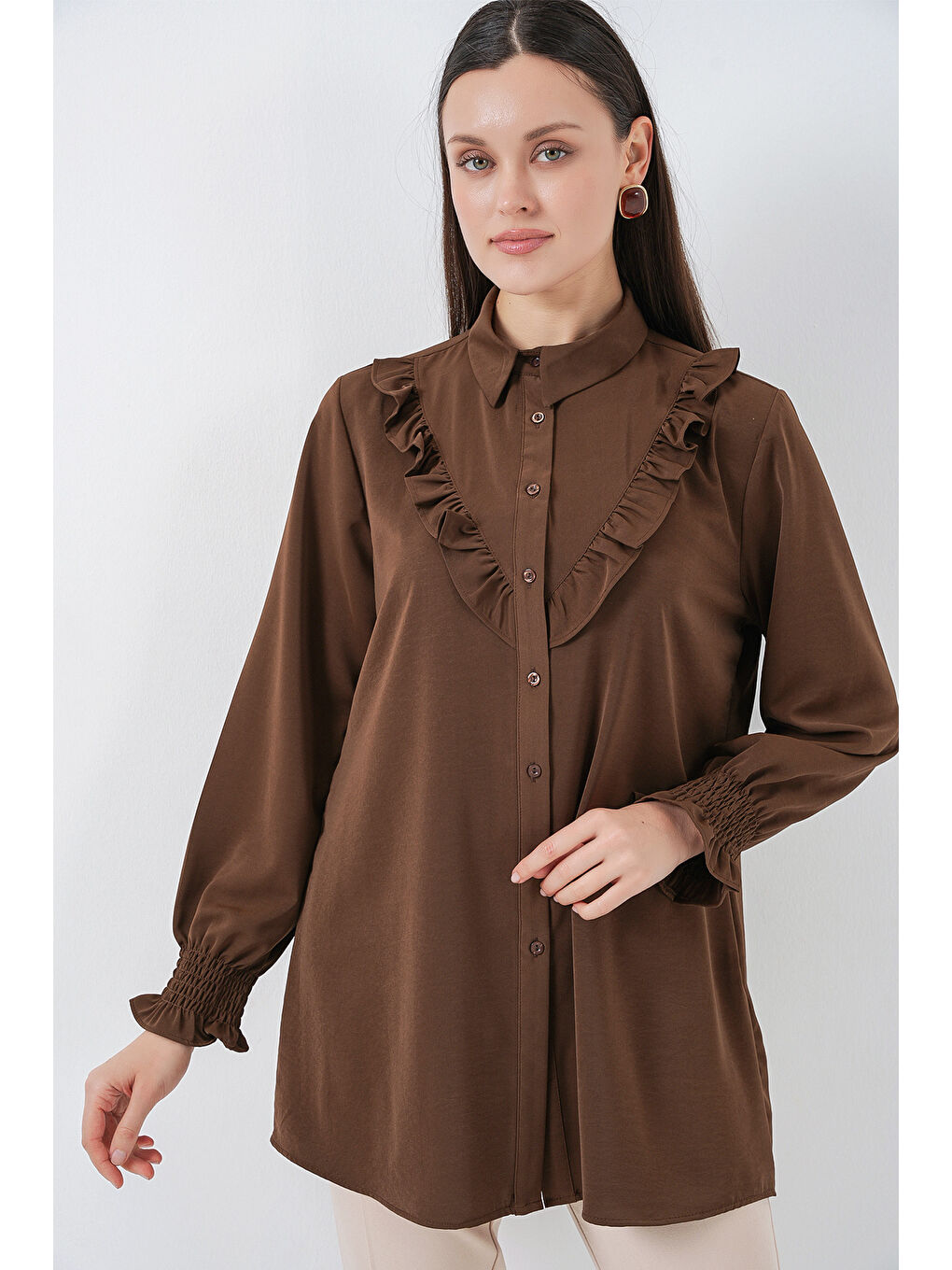 Kadın Fırfırlı Uzun Gömlek Tunik 5986 - Kahverengi-2
