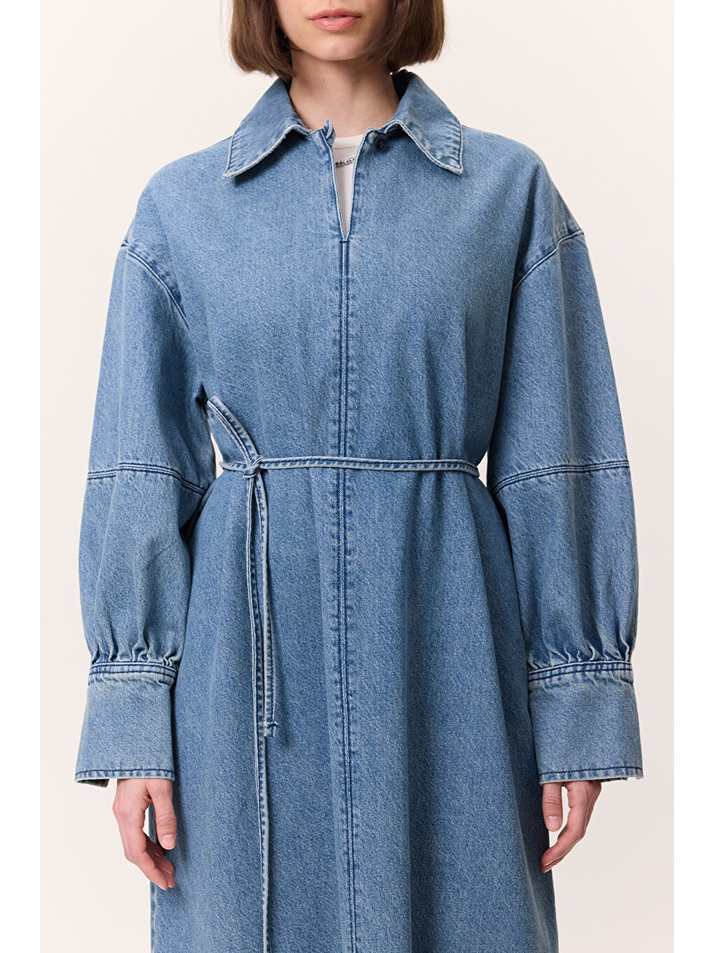 Manşet Detaylı Denım Elbise Açık Mavi-4