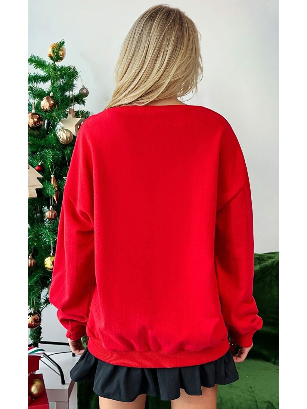 Happy New Year Baskılı Kırmızı Üç İplik Yılbaşı Sweatshirt-1