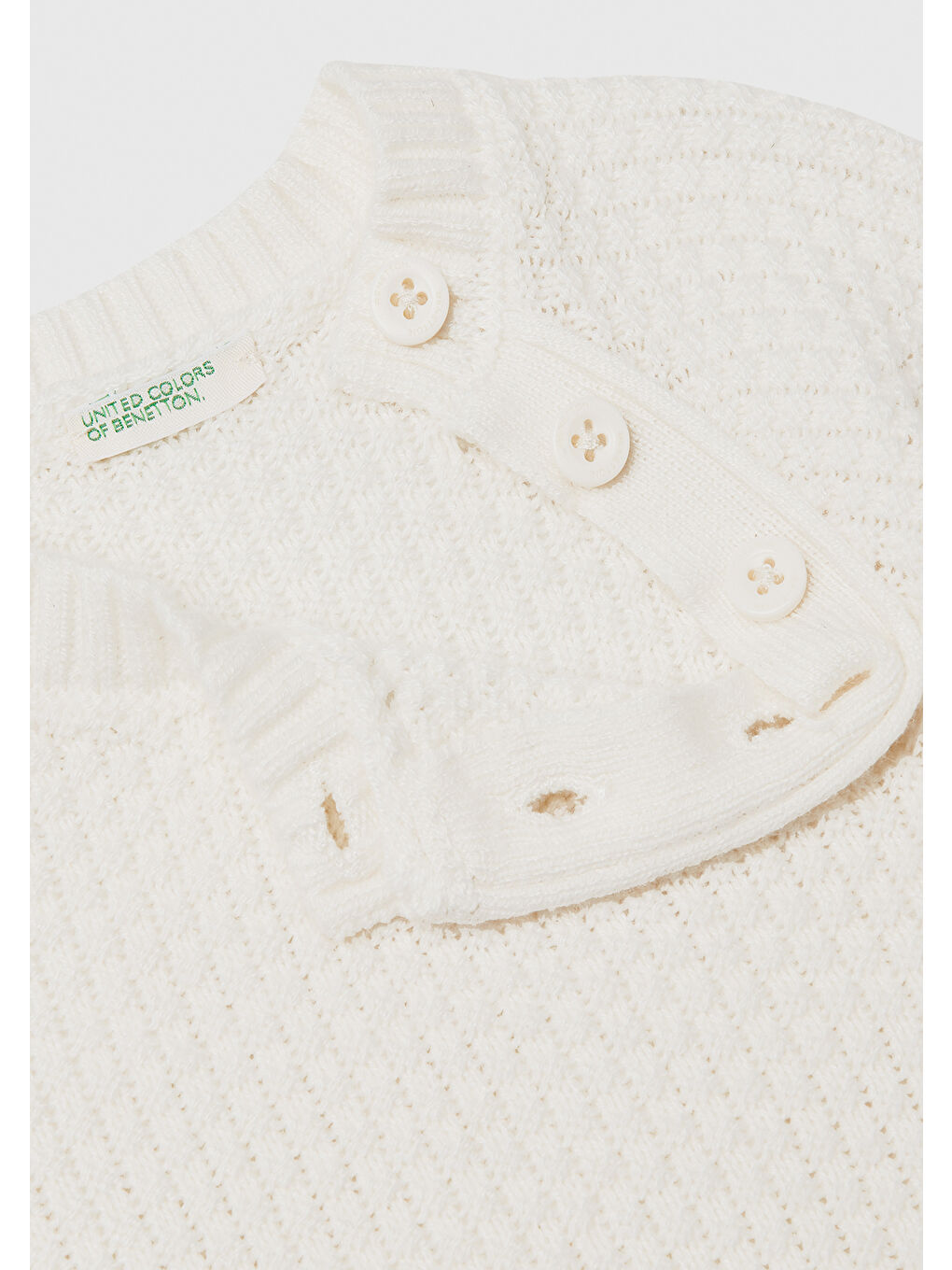 Bebek Ekru Omzu Düğmeli Bisiklet Yaka Uzun Kollu Örme Tulum-2