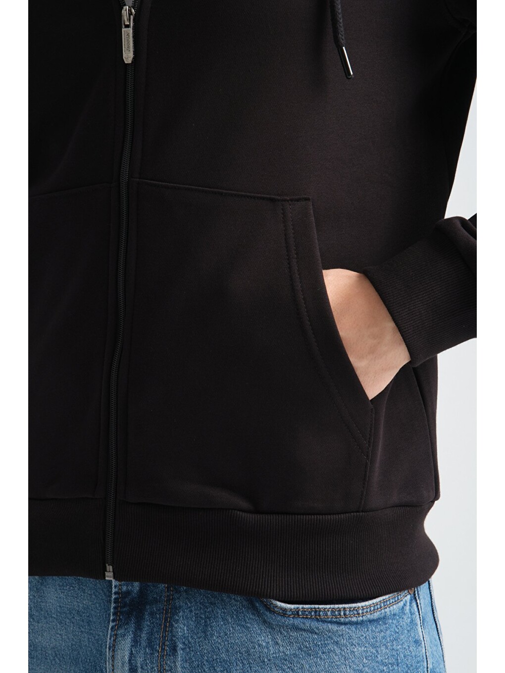 Siyah Erkek Üç İplik Şardonsuz Fermuarlı Kapüşonlu Sweatshirt-7