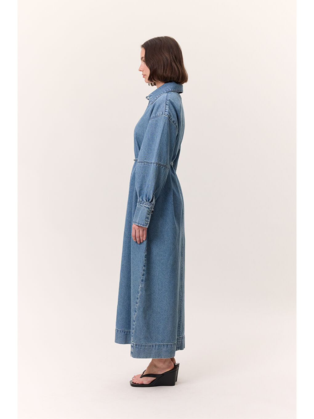 Manşet Detaylı Denım Elbise Açık Mavi-5