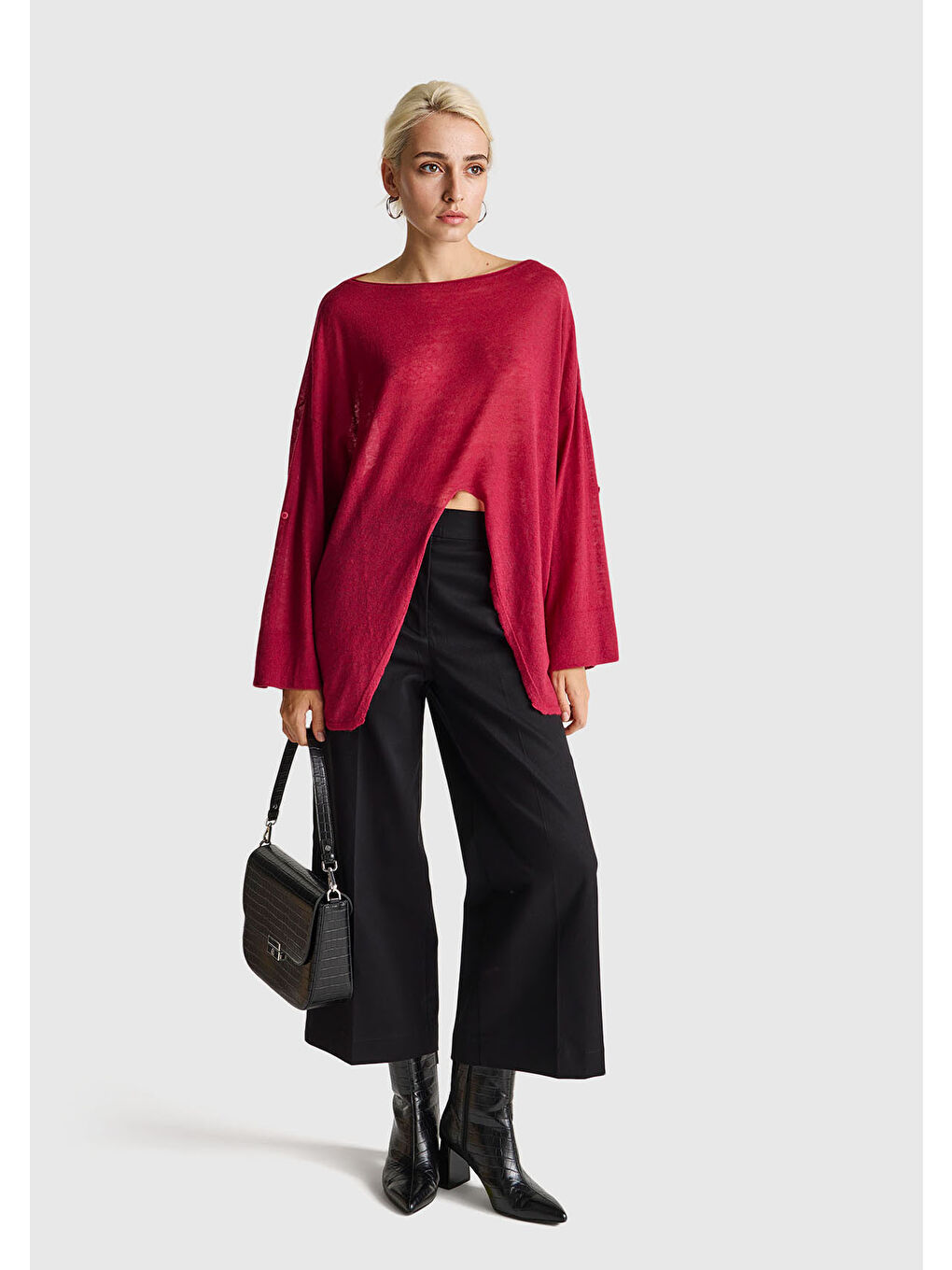 Kadın Fuşya Alpaka ve Yün Karışımlı Düğme Detaylı Beli Bağlamalı Kazak-4