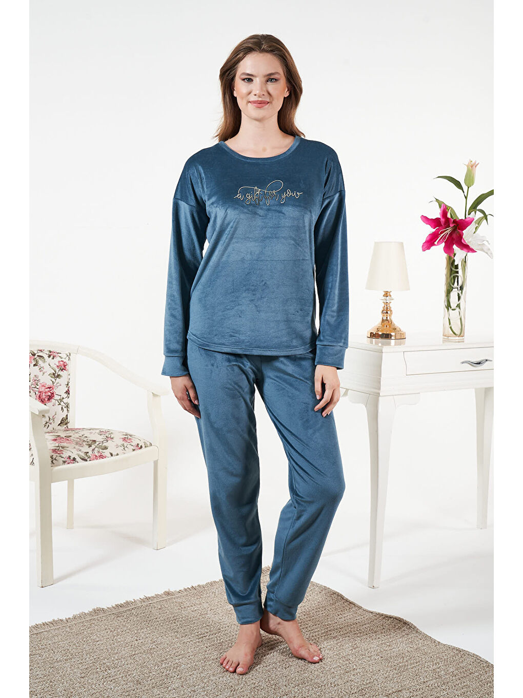 Kadın Kadife Baskılı Pijama Takımı 25380 Petrol-3