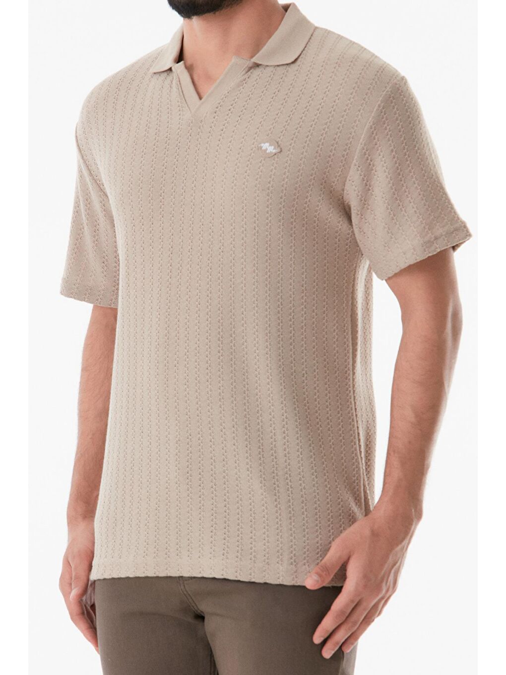 Bej Nakışlı Polo Yaka Erkek Tişört-4