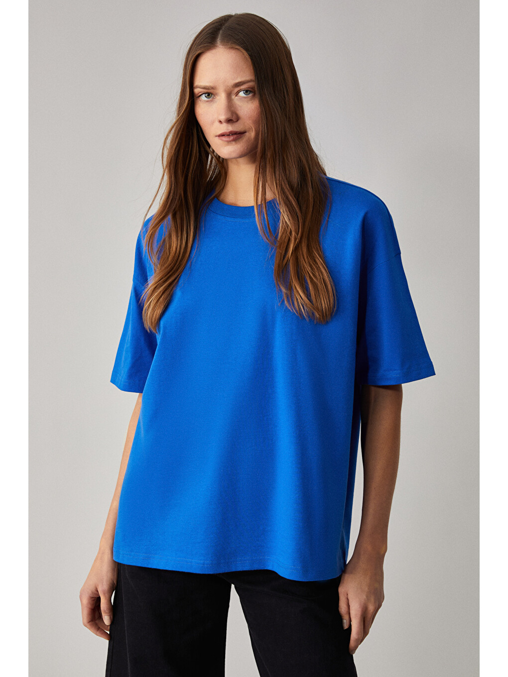 Mavi LAGERTHA Kadın %100 organik Pamuklu Kalın Dokulu Oversize Fit Yuvarlak Yakalı MAVİ T-Shirt-2