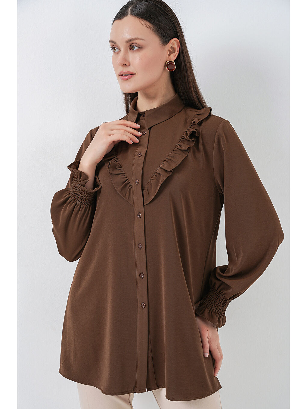 Kadın Fırfırlı Uzun Gömlek Tunik 5986 - Kahverengi-3