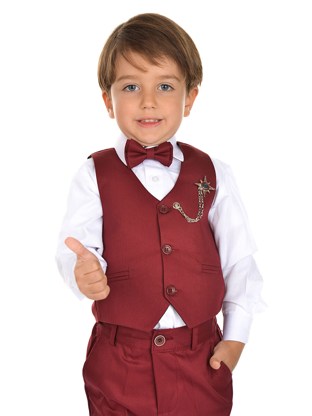 Bordo Yelekli Smokin Erkek Çocuk Takım MNK0273-2