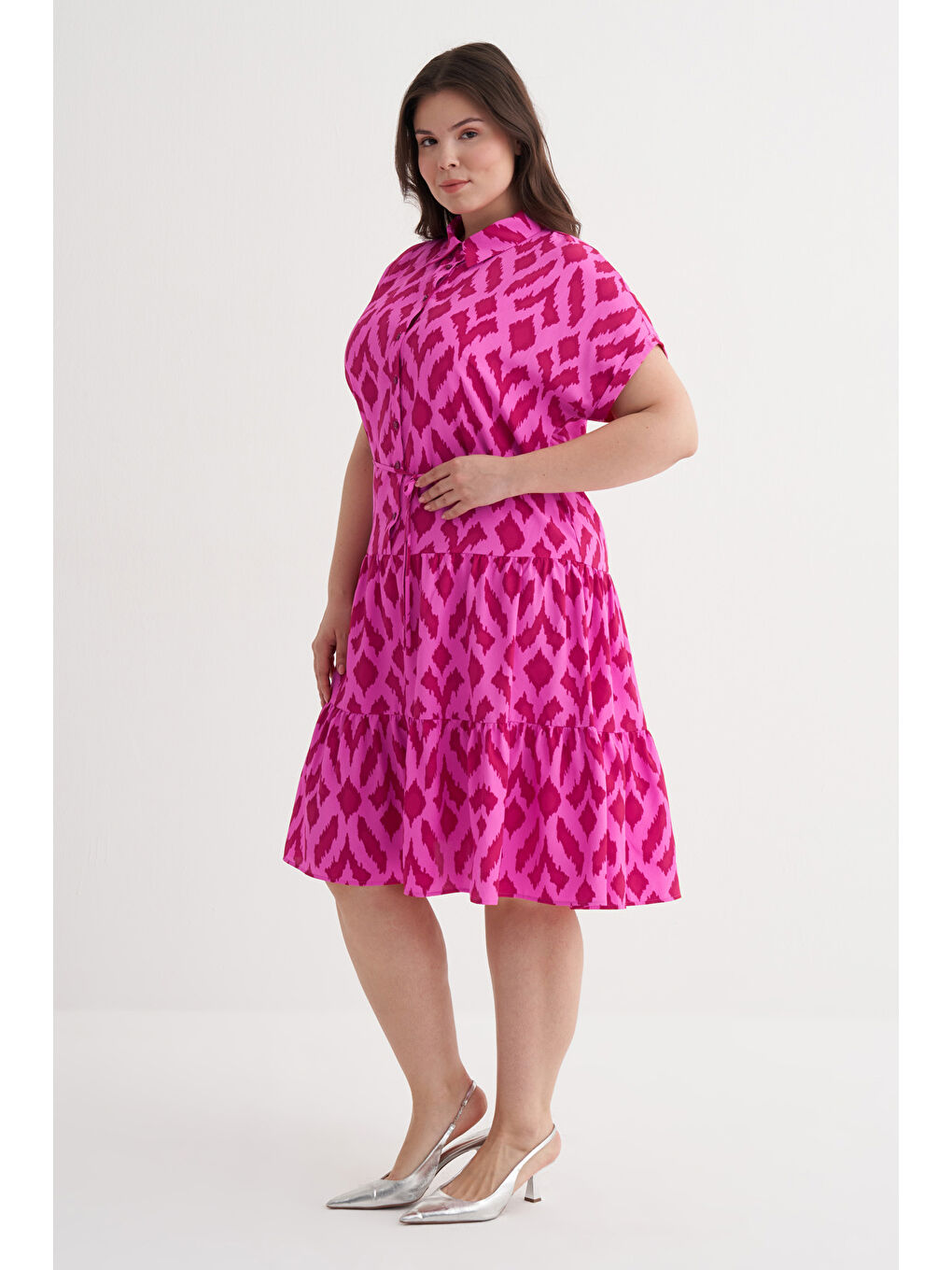 Pembe Beli Kuşaklı Desenli Gömlek Elbise-1