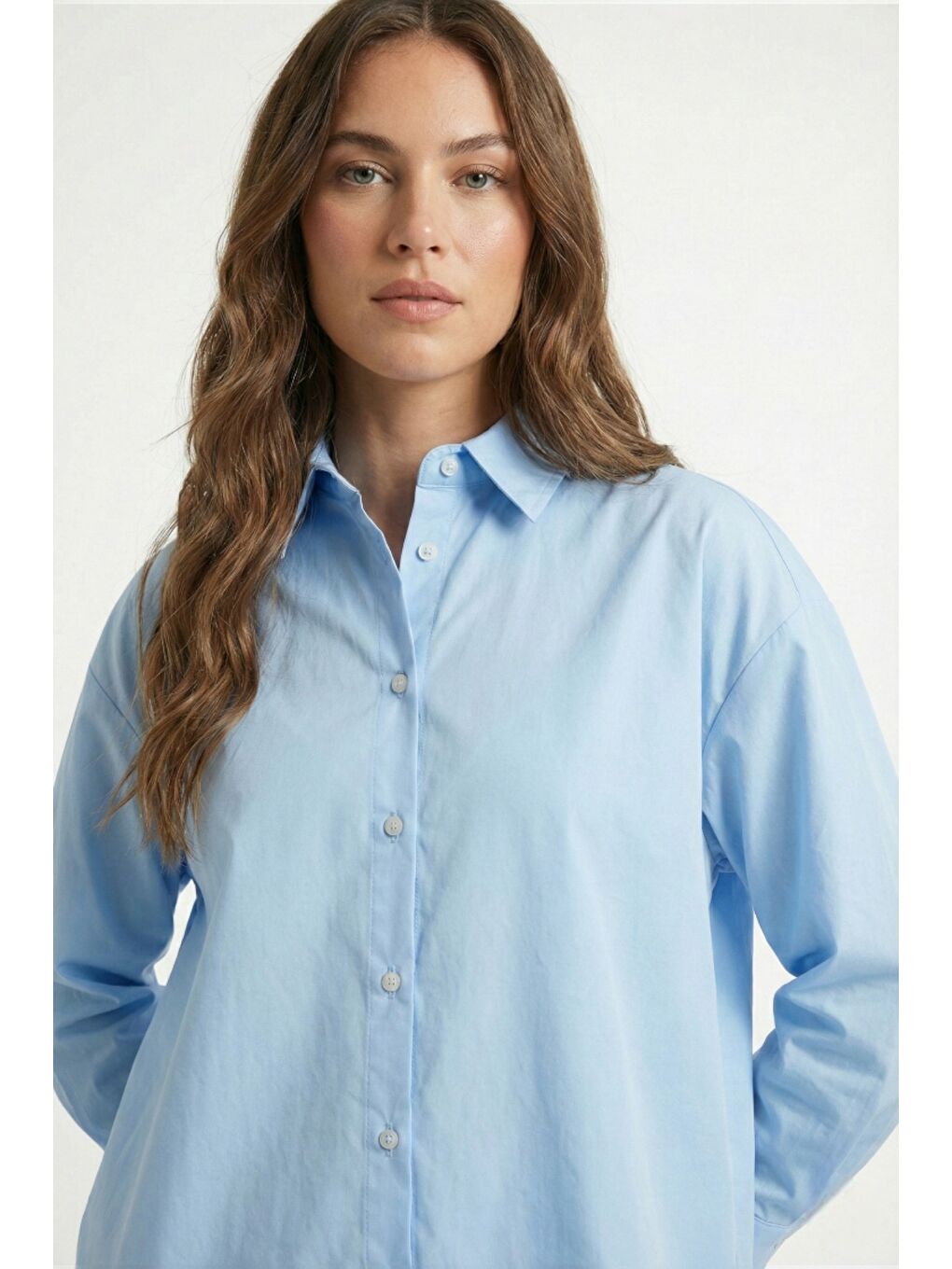Mavi %100 Doğal Pamuk Oversize Tek Beden Poplin Gömlek-2