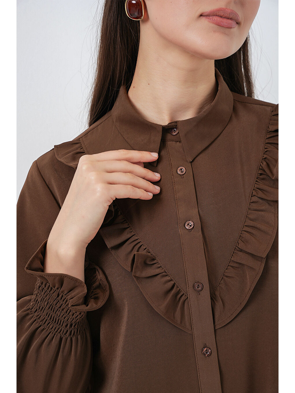 Kadın Fırfırlı Uzun Gömlek Tunik 5986 - Kahverengi-4