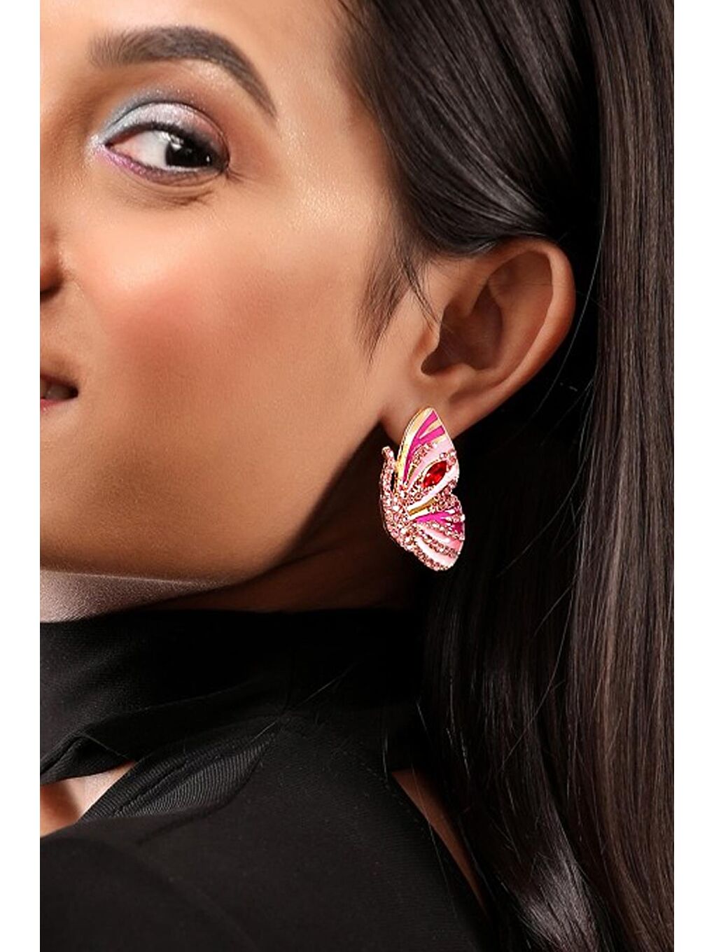 Mineli ve Taşlı Pembe Kelebek Küpe-2