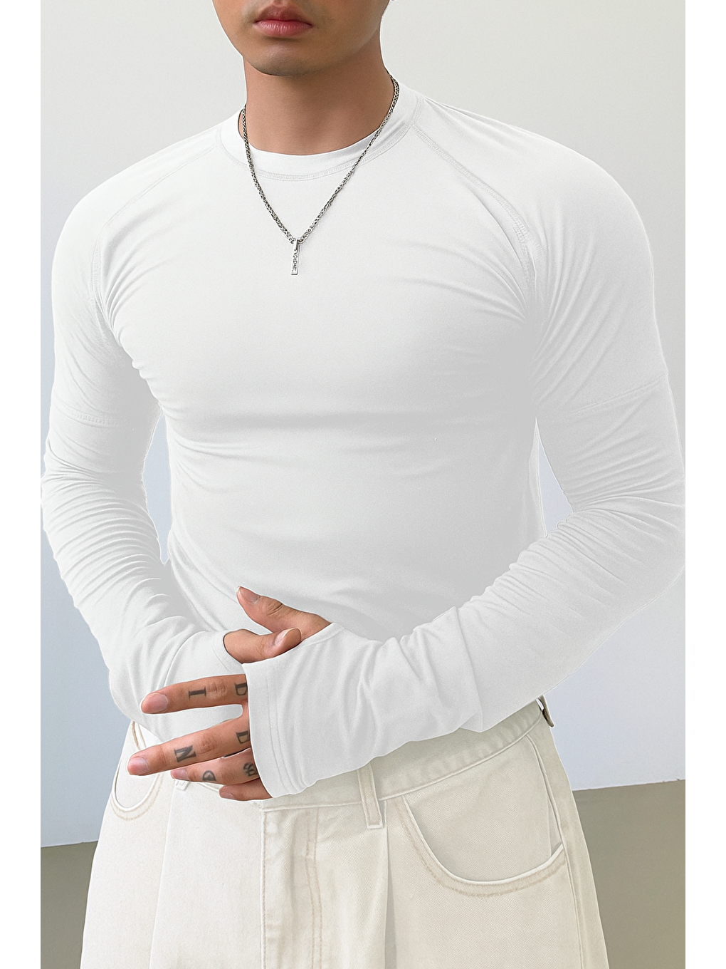 Erkek Beyaz Uzun Kollu Basic T-shirt