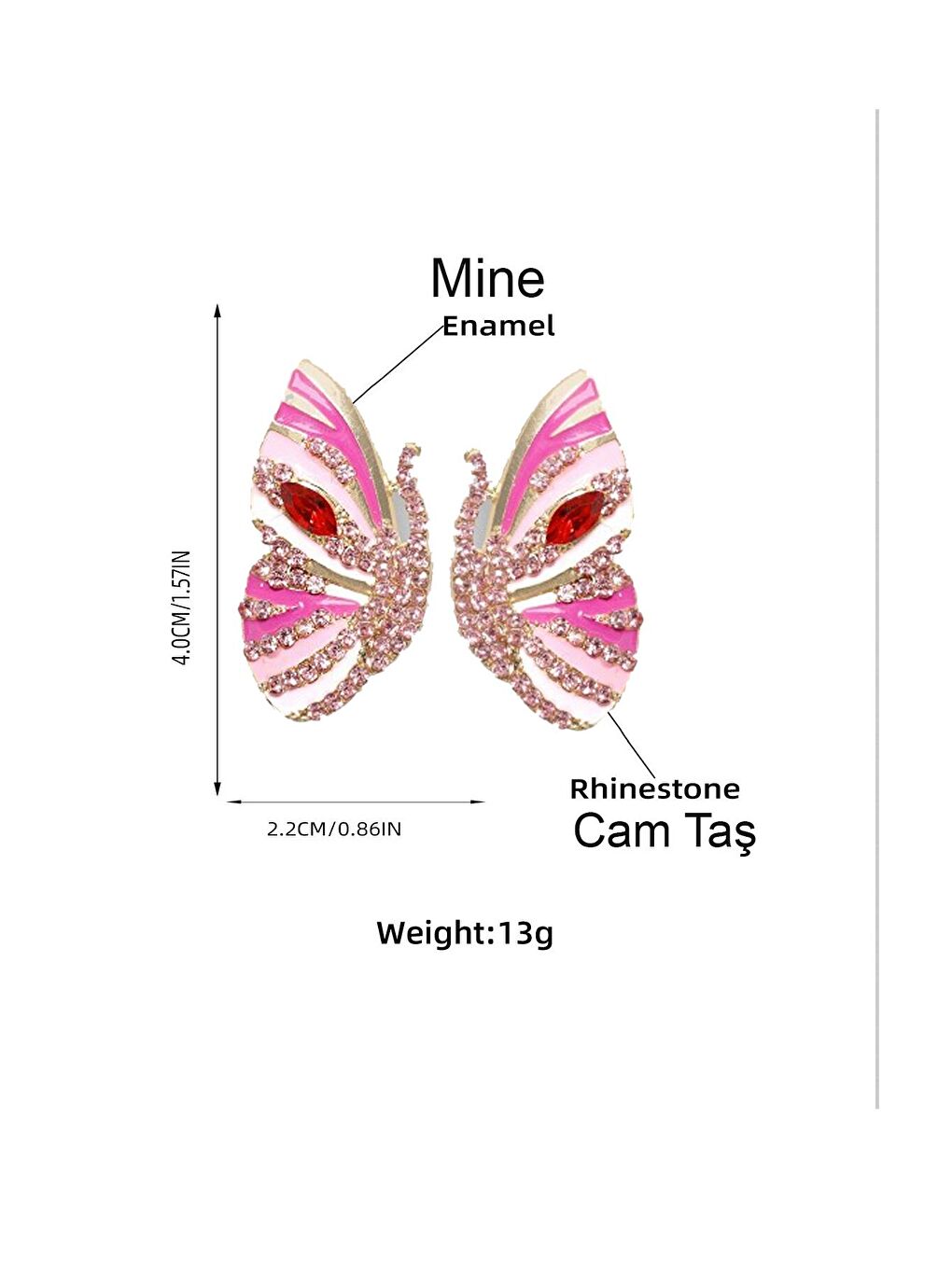 Mineli ve Taşlı Pembe Kelebek Küpe-3