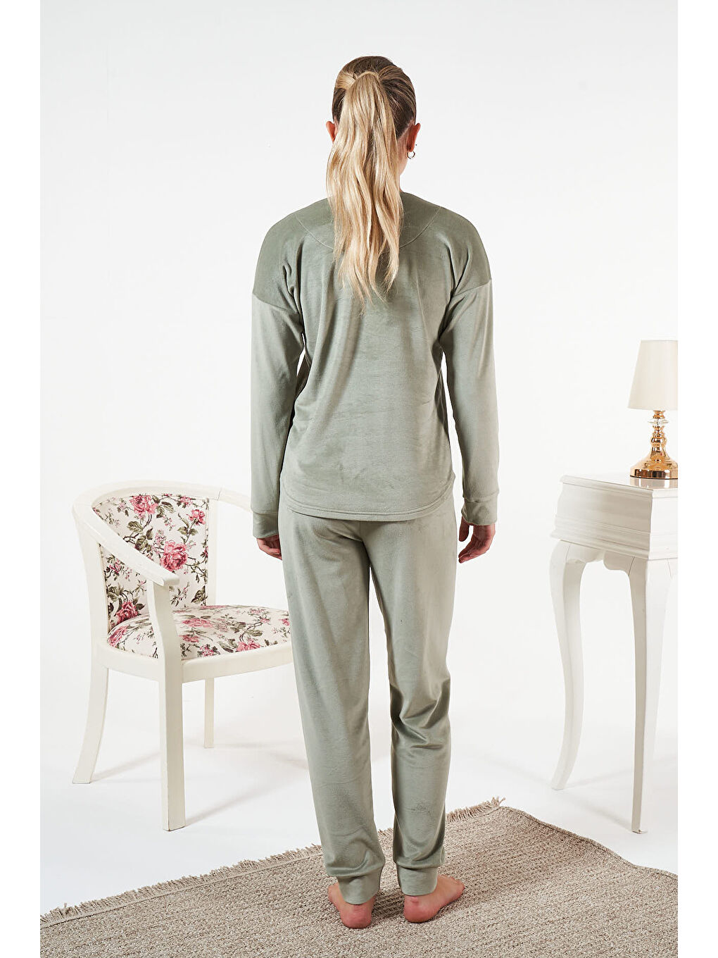 Yeşil Kadın Kadife Baskılı Pijama Takımı 25385 Mint-2