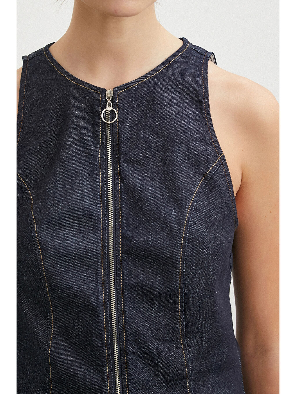 Fermuarlı Jean Yelek Lacivert-4